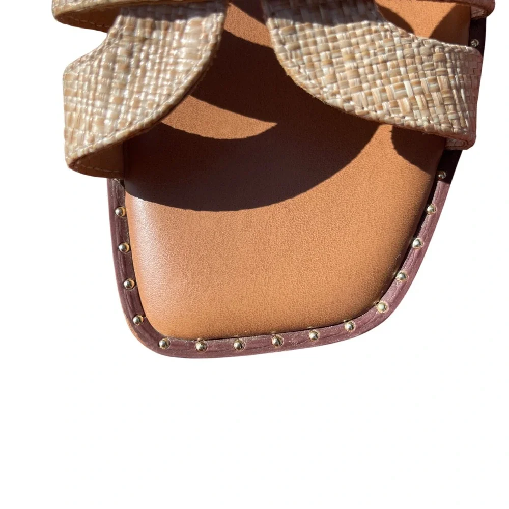 Den NYC Women's Sz 9.5 Selina H-Band Flat Slip-On Sandals Raffia/Camel - Picture 7 of 8